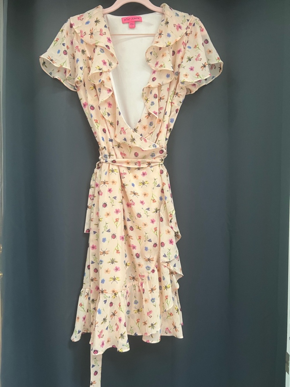 Betsey Johnson Nude Pink Floral Ruffle Wrap Dress